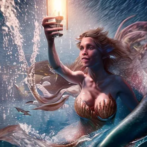 Prompt: mermaid leaping out of the water with a lamp in her hand, Ultra HD, Hyper Realistic, Octane Render, 8k, 12k, cinematic lighting