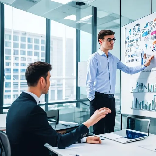 Prompt: Gen Z white collar specialist mentoring Gen X white collar manager in an office,
modern office with glass wall,
graphics on whiteboard drawn by hand,
manager is listening with passion