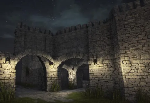 Prompt: medieval stone wall at night with entrance. undead surround the town
