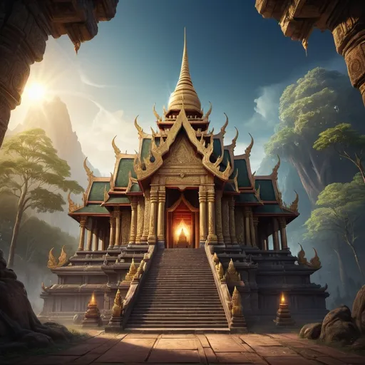 Prompt: Fantasy illustration of a laotian temple, detailed temple design, mystical atmosphere, atmospheric lighting, highres, detailed landscape, fantasy, temple architecture, mystical, detailed design, high quality