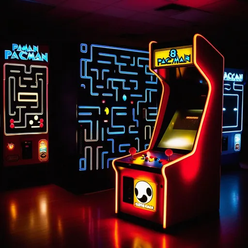 Prompt: Vintage photo, 85mm,  pacman arcade with lights on 