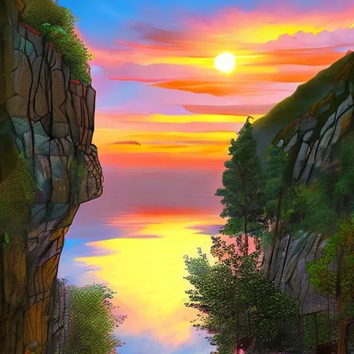 Prompt: a sunset with a cliff, digital art style