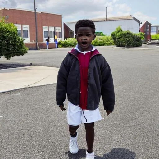 Prompt: black boy 
walking to flying into a school