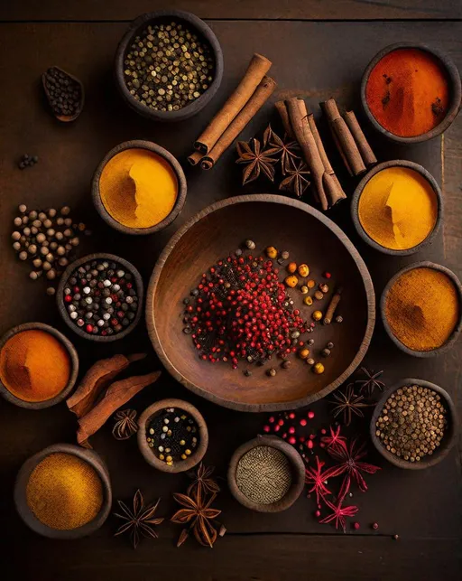 Prompt: Top down overhead shot looking down at a rustic wooden table topped with bowls of exotic spices from around the world. Peppercorns, turmeric, cinnamon, cumin, and saffron. Natural light illuminates the vibrant colors. Shot on a Hasselblad with a 100mm macro lens. Vibrant, aromatic, and flavorful.