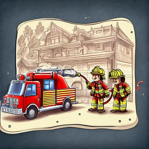 Prompt: Two fireman in front of firetruck with hosepipe. make it doodle type