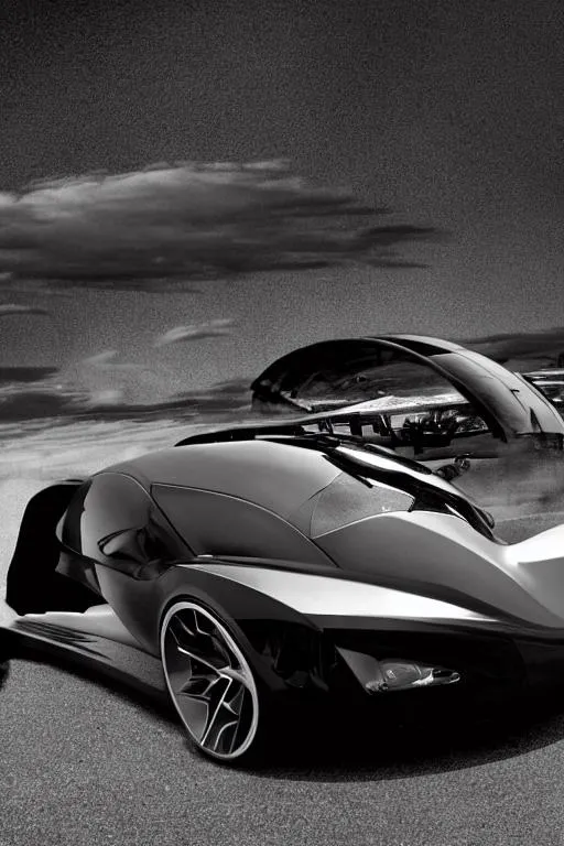 Prompt: futuristic 300 mph black car 26 inch wheels, Ansel Adams style


