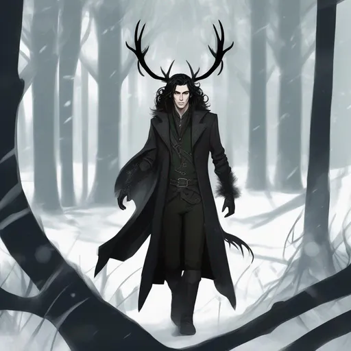 Prompt: dnd a handsome male half-elf warlock with long messy black hair wearing a long black coat and deer antlers in the dark forest