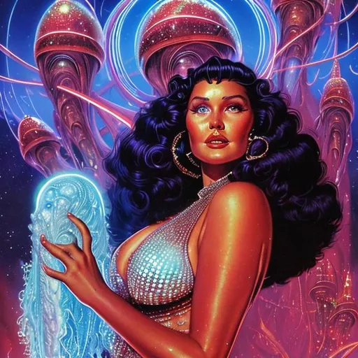 Prompt: 1970s science fiction fantasy cover art by Earl Norem. Close up of beautiful plus size sorceress wearing bikini dress, shimmering jewels, rhinestones, diamonds, sapphires, emeralds, rubies, moonstones. She has bright red flowing luscious hair, and luminous skin. On futuristic alien planet with Castle in the background illuminated by neon lights. Vibrant dramatic moody colors, with alien planets in the sky. 