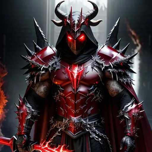Prompt: HDR, UHD, 64k, hyper realistic, cinematic, black spiky armor, muscular body, red eyes, red flame and ashe aura, red glowing armor parts, shining ruby on chest, goat horned helmet, one hand is massive with huge claws black bone wings, huge double-sided battleaxe that glows like hot metal, blood red ripped cape, red crescent moon in the background, gray moon landscape, huge lava lakes, lava geysirs