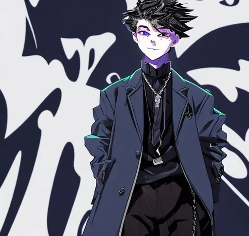 Prompt: A young man about 21 years old, short hair in shades of dark blue, eyes with pupils in black spirals, he wears a black dress shirt with some details in purple, black pants, a coat that he uses as a cape that goes up to half the legs and has black chains wrapped around his arms and neck.
