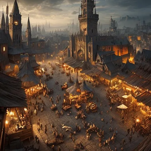 Prompt: Medieval Market,  Epic cinematic brilliant stunning intricate meticulously detailed dramatic atmospheric maximalist digital matte painting