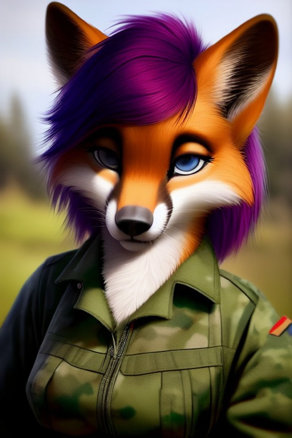 Prompt: High resolution, 4K, Ultra HD, 3D, front, font shot, full body, full body shot, fullbody shot, Realistic, Realistic hair, realistic fur, realistic clothes, Fox, Vixen, Vulpes vulpes, Female, woman, colored hair, short hair, blue eyes, US Military, Military, Forest camo shirt, Forest camo pants, black tactical vest, black tactical kneepads, scarf, eye contact, perked tail, perked ears, single character, Singular, alone, standing, stance, winter, snow