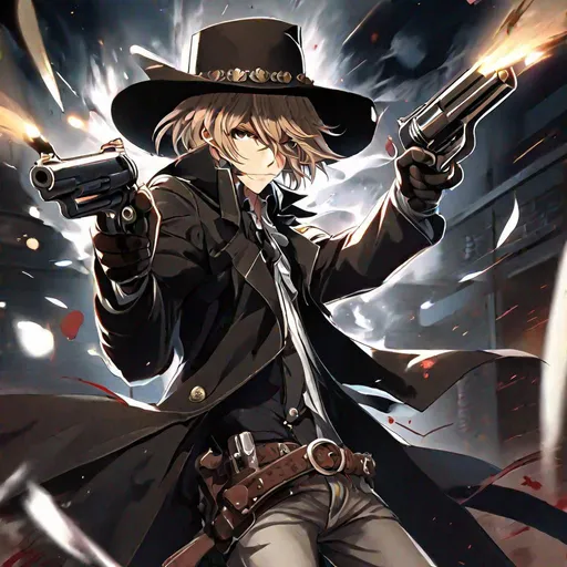 Prompt: insane cute anime boy with wavy brown and white color hair in black trench coat and cowboys hat with a psychotic smile in a pistol standoff Dual wielding 2 revolvers lead over the top unloading rounds, bar theme, bullets flying everywhere, dull background, zoomed out, aesthetic scars, bloody, hallucinations, power, high definition, professional brush strokes 