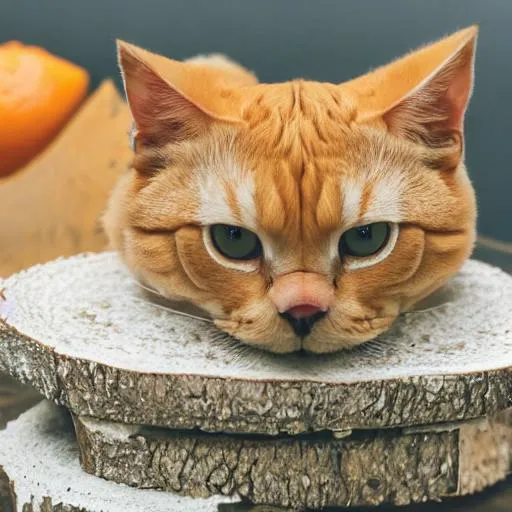 Prompt: An orange tabby with brightly glowing red eyes sitting on a sandwich.