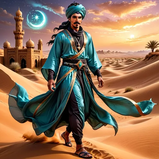 Prompt: full body view, Young Arabian male wizard, very dark skin, curled black hair, manicured sharp goatee and mustache, wearing turban, desert dunes, twilight, windblown colorful Arabian sheik robes covered in arcane symbols, carrying curved scimitar, elaborate curved tip silk shoes, dynamic pose, high quality, detailed, photographic realism, vibrant colors, twilight lighting, fantasy, detailed facial features, mystical, desert setting