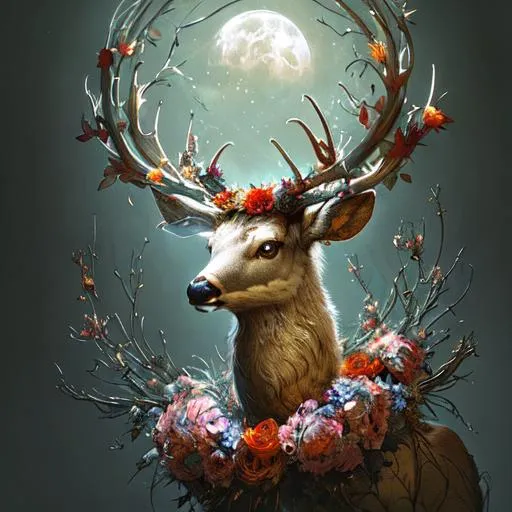 Prompt: deer with a wreath of flowers on his head! by Craig Mullins; Dan Mumford; Luis Royo; Alberto Seveso; Donato Giancola; robert oxley; Beeple; Carne Griffiths; 3d; intricate filigree! dramatic lighting; chiaroscuro; moonlit night; digital illustration; large depth of field; dynamic pose; unique composition; CGSociety; splash art; digital concept art; volumetric lighting; fantasy artwork; lovecraftian; apocalypse