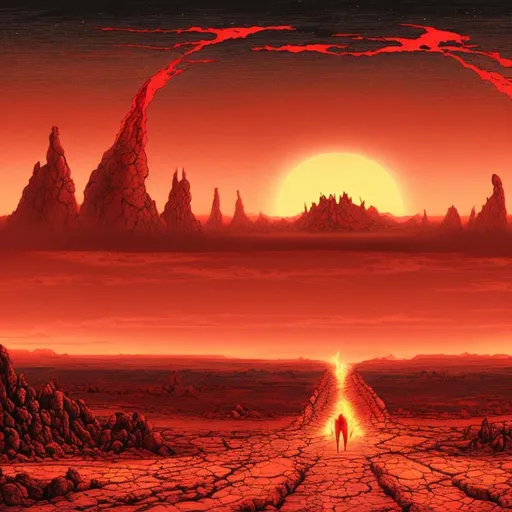 Prompt: gateway to hell in the distance of a barren landscape coloured red in Johann Kretzschmer art style using pastel