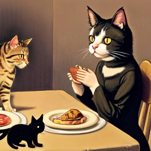 Prompt: A cat sits on a table looking at a woman who sits there with him. She shares her meager supper with him praying to God, thanking him for the meal.