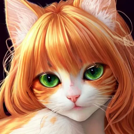 Prompt: Fairy goddess of cats, strawberry blonde  hair with calico cat traits, cat shaped nose, cat shaped  pupils in eyes, green eyes, closeup