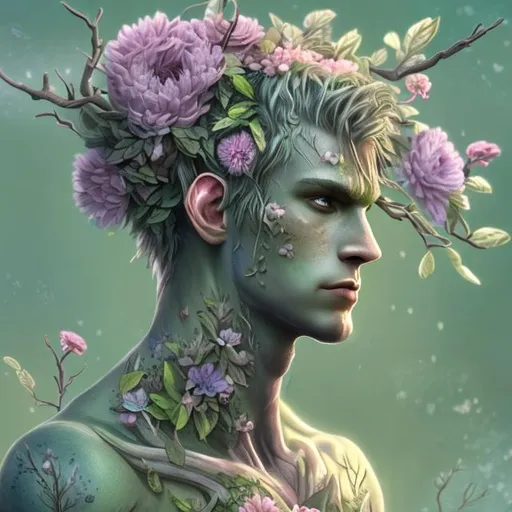 Prompt: male dryad, pastel green skin, flowers growing from skin, nature decal on skin, high detail, magical, pastel colors, high fantasy