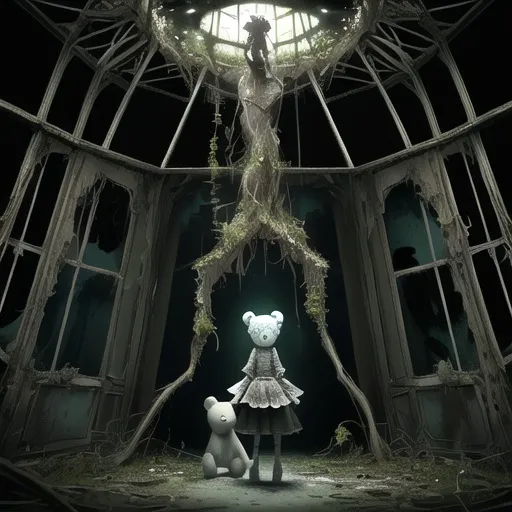 Prompt: Ethereal ghost child holding tattered teddy bear in overgrown abandoned circus, high res, dark tones, glowing, vines, best quality