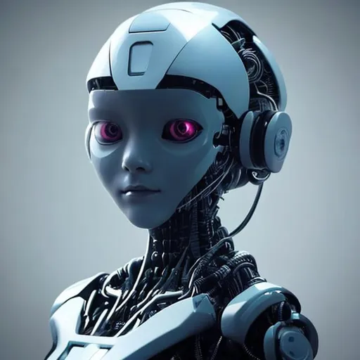 Prompt: I want an AI robot that has some illumination around her head. The blackground needs to be solid black. It had to be suitable for cover art for a minimal techno track. I want her to stare directly at the camera. 