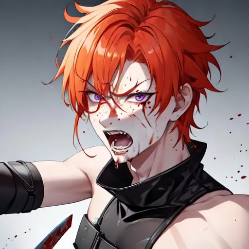 Prompt: Erikku male adult (short ginger hair, freckles, right eye blue left eye purple) UHD, 8K, Highly detailed, insane detail, best quality, high quality, covered in blood, covering his face with his hand, wide eyes, insane, fear, threatening, laughing, angry, fighting, psychopathic, anime style, pointing a knife at the viewer