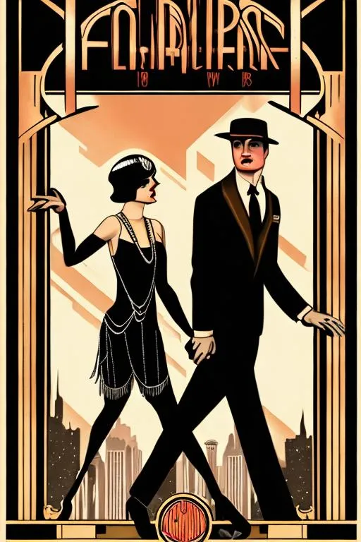 Prompt: A horror book cover in art deco style, featuring 1920s Chicago. A gangster and a flapper hold hands 