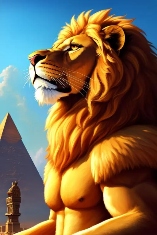 Prompt: oil painting, anthropomorphic lion, male, furry, warrior, ancient egypt, 8k, UHD, depth of field, bronze weapons, hieroglyphics art, hyperrealistic, photorealistic, beautiful art, furry art, digital art,  hyperperfectionist, muscular, pharaoh, lion head, hyperdetailed full-body of a werelion in battle stance, hyper detailed background, ancient egypt temple inside background, god of egypt, highly detailed, panned out view of the character, gold skin, scary, bloody, fight, pharaoh crown, majestic