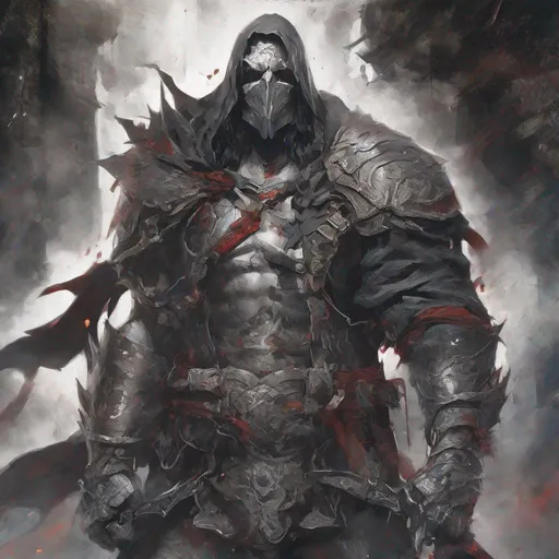 Prompt: Tall, Intimidating, Large, male, Solomon Grundy/goliath D&D build, black hair,  very dark grey scarred skin, covered in bandages, dark tattered cloth armor exposes his midriff, hood of magical darkness that completely shrouds his face with a mask of darkness, large red gem between pecs in chest, Path of the Zealot Barbarian, Strong, wielding large two-handed great-axe, Fantasy setting, D&D, Dead clerics around him, undead, zombie