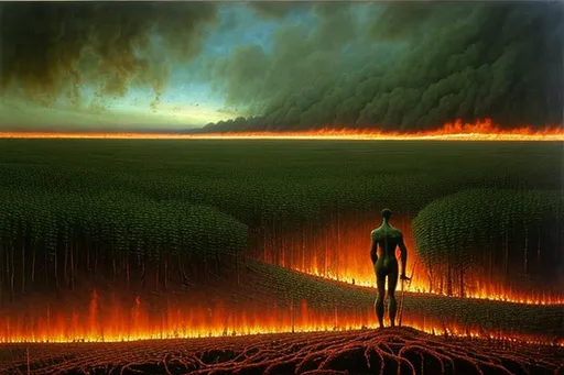 Prompt: Hyper-realistic landscape painting by Zdzisław Beksiński of a warrior standing upon a landscape of corpses as he is consumed by fire. The art-style blends Lovecraftian and Greek mythology elements in a steampunk setting. Subtle green undertones | chaos | suffering | malevolence | grim | melancholic hue | UHD, 4K, 8K, 64K, extremely detailed