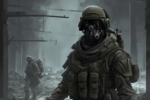 Prompt: GTFO male soldier in dark tactical gear - Character sheet, detailed, 8k, dark horror, high quality, concept art, GTFO game, gas mask, apocalyptic, video game, horror, military