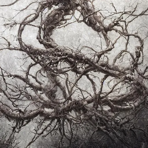 Prompt: Densely tangled forest branches  evocative, highly detailed. japanese Art ,  Symbolism, Ornamental, Brad Kunkle