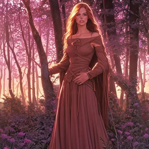 Prompt: Beautiful woman, brown hair, long pink dress, stood beside dark trees and a pink sunlight, style of Larry Elmore