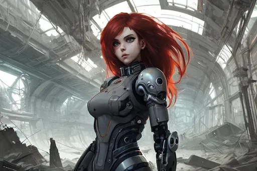 Prompt: female cyborg in ruins underground, post-apocalyptic, on abandoned space station, Ilya Kuvshinov, red hair, long wavy hair, grey eyes, metal body, curvy,  detailed face, 4k, high fidelity