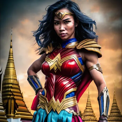 Prompt: one hybrid superhero character, Mix wonderwoman and beautiful female muai thai fighter, red muai thay shorts, in realistic background of bangkok grand palace, vibrant colors, intense facial expression, detailed armor and cape, 4K, detailed facial expression, superhero, vibrant colors, intense gaze, advertisement-worthy, realistic, detailed illustration, professional, vibrant lighting
