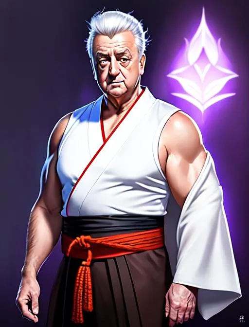 Prompt: Fullbody portrait of Rodney dangerfield, 76 years old male, ponytail, sleeveless, white hair, brown eyes, beard, ninja village, ethereal, purple kimono outfit, jewelry set,handsome, royal vibe, highly detailed, digital painting, Trending on artstation , HD quality, tan skin,artgerm,  by Ilya Kuvshinov 