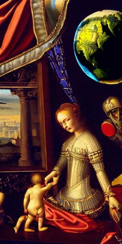 Prompt: renaissance-style painting about a wonderful technological future in which humanity has conquered space
