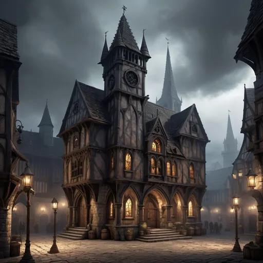 Prompt: Warhammer fantasy RPG style town hall in the middle of a square, medieval architecture, towering spires, weathered stone walls, intricate gothic details, bustling marketplace, high resolution, detailed, dark fantasy, atmospheric lighting, foggy ambiance, gothic, medieval, detailed stonework, bustling, mysterious, ominous lighting