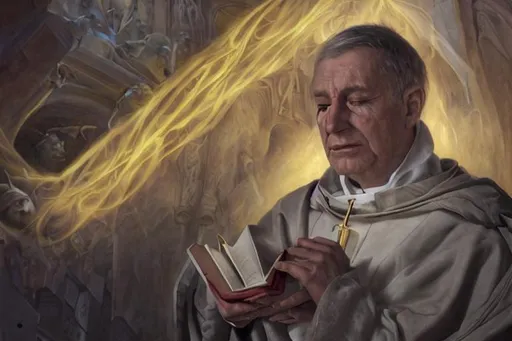 Prompt: Close up portrait, Priest in a cathedral, book in his hand talking to god. hyper realistic extremely detailed dark cinematic UHD, oil painting, intricate, elegant, highly detailed, centered, digital painting, artstation, concept art, smooth, sharp focus, illustration, artgerm, tomasz alen kopera, peter mohrbacher, donato giancola, joseph christian leyendecker, wlop, boris vallejo. blond Bene Gesserit