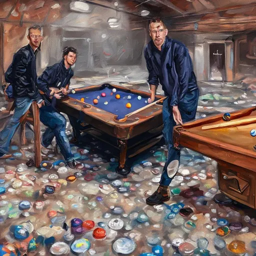 Prompt: Oil painting of a pool table in the middle of a landfill. Pool players are scavenging around the table with their cue sticks. Designed for a t-shirt