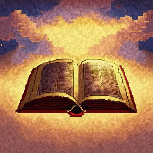 Prompt: Pixel art of a leather-bound bible with gilded edges, open halfway, red ribbon, hovering in clouds, outer space backlight, detailed pages, high quality, realistic, ethereal lighting, golden tones, heavenly atmosphere, serene, centered, pixel art, detailed, gilded edges, floating, clouds, sunset backlight, serene atmosphere, realistic, high quality