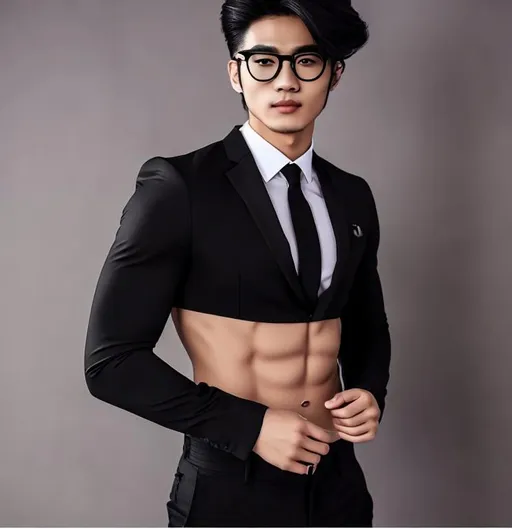 Prompt: an attractive long-haired 20-years old man with abs and glasses wearing a crop top black suit and tie 