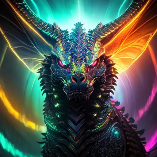 Portrait of a roaring neon skeleton dragon with irid...