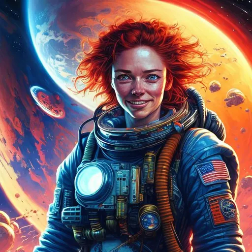 Prompt: portrait of a female space mechanic with messy wavy hair and with cute face, orange-red hair, blue eyes, happy and spunky, planetary landscape, highly detailed, cyberpunk, cyberpunk colors, Synthwave, by Noriyoshi Ohrai, volumetric lighting