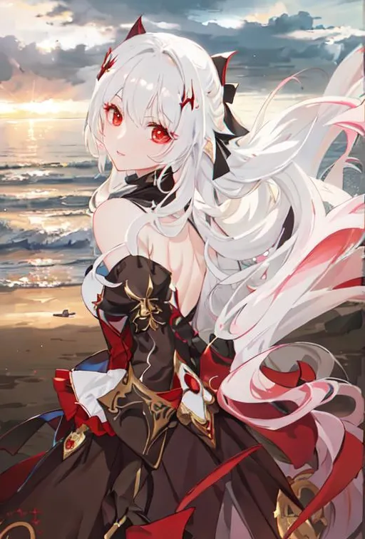 Prompt: Fantasy, Looking to the side, looking at viewer, half body portrait of (1 woman), red-eyed, with long white hair, wearing vampire fashion, in the beach, at dusk, anthropomorphic, intricate detail, high quality, high quality, digital art, [{human anatomy}]