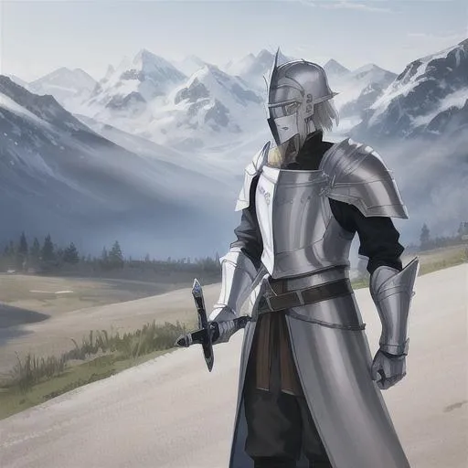 Prompt: A paladin holding a sword. Silver plate armor, he wears an helmet. Mountains in background.
Well draw 