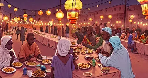 Prompt: highly detailed illustration of people breaking their fast in a street in Ramadan, lanterns in sudan