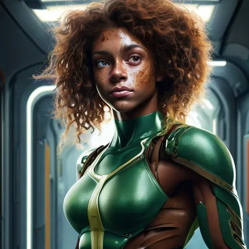 Prompt: Oil painting of a woman with mocha skin and auburn curly hair, with broad chest, pretty face, with numerous freckles and minor vitiligo on face, chest and arms, In futuristic storage bay, wearing futuristic dark green athletic gear, no sleeves bare arms, purple shorts bare legs, perfect composition, hype realistic, super detailed, 8k, high quality, trending art, trending on artstation, sharp focus, studio photo, intricate details, highly detailed, by greg rutkowski