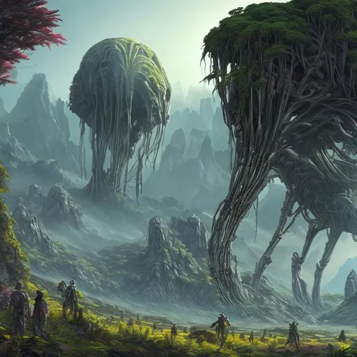 Prompt: Create concept art of alien growing plant , mountain are in distance from robot, there are also big trees of human heads.